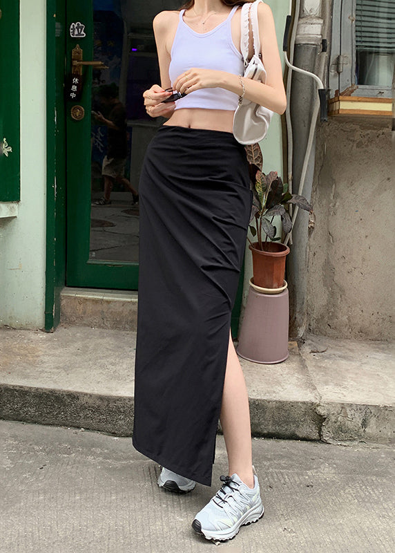 Italian Grey High Waist Wrinkled Side Open Cotton Skirt Summer