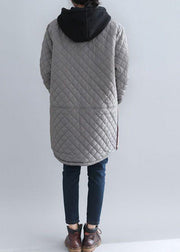 Italian Grey Hooded Pockets Patchwork Fine Cotton Filled Coat Winter