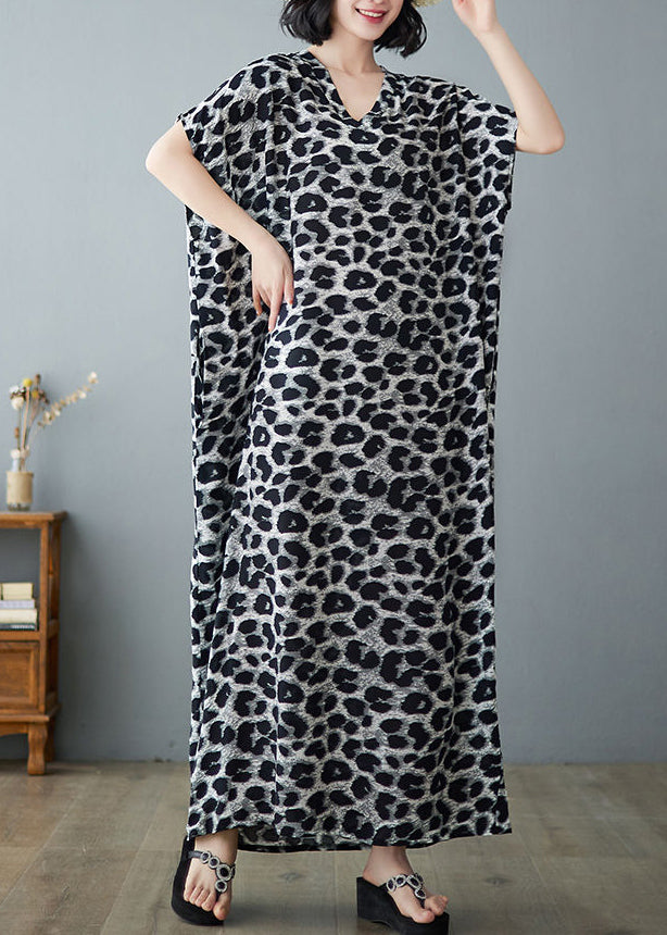 Italian Grey Leopard Print Oversized Linen Maxi Dress Summer