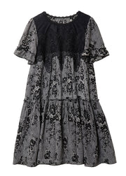 Italian Grey O Neck Print Lace Patchwork Chiffon Dress Summer