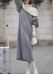 Italian Grey O Neck Woolen Sweater Dress Lantern Sleeve