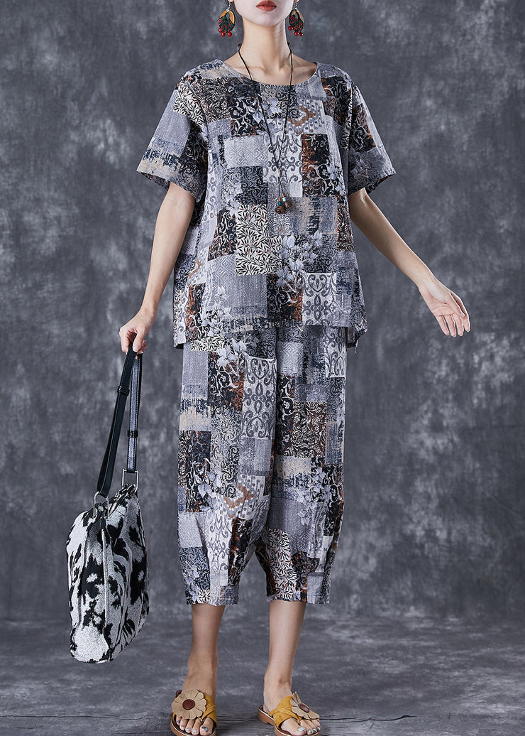 Italian Grey Oversized Print Linen Two Pieces Set Summer