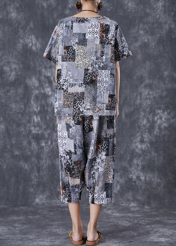 Italian Grey Oversized Print Linen Two Pieces Set Summer