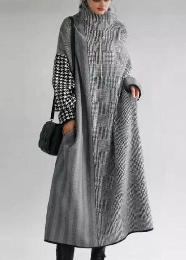 Italian Grey Plaid Hign Neck Patchwork Long Knit Dress Fall