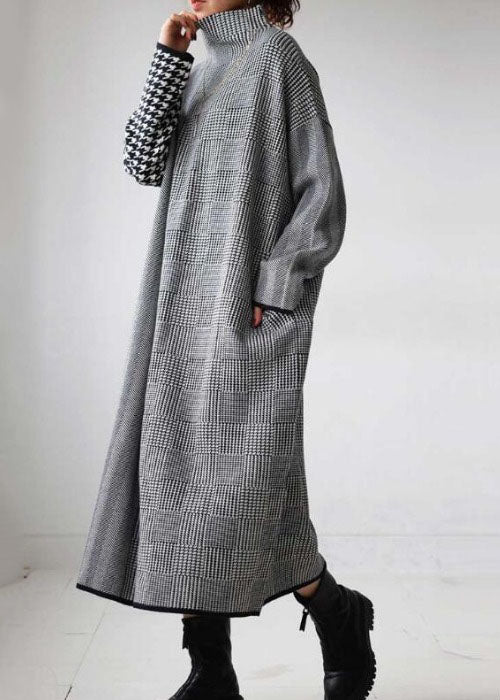 Italian Grey Plaid Hign Neck Patchwork Long Knit Dress Fall