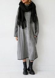 Italian Grey Plaid Hign Neck Patchwork Long Knit Dress Fall