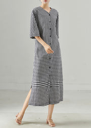 Italian Grey Plaid Side Open Linen Dress Summer