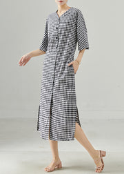 Italian Grey Plaid Side Open Linen Dress Summer