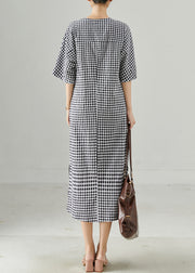 Italian Grey Plaid Side Open Linen Dress Summer