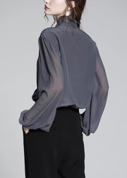 Italian Grey Ruffled Solid Silk Blouses Fall