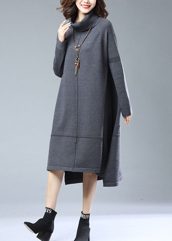 Italian Grey Turtleneck Low High Design Patchwork Woolen Dress Fall