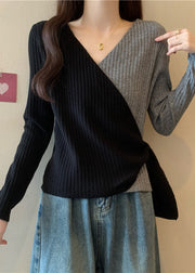 Italian Grey V Neck Asymmetrical Cross Strap Knit Top Fall