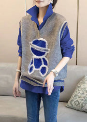 Italian Grey V Neck Little Bear Patchwork Knit Vest Sleeveless