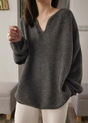 Italian Grey V Neck Thick Cozy Knit Pullover Fall