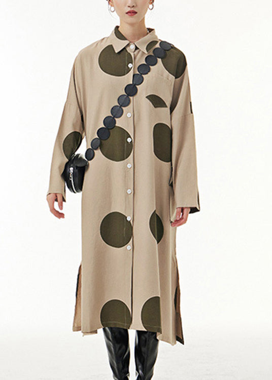 Italian Khaki Asymmetrical Maxi Shirt Dress Long Sleeve