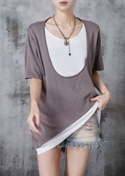 Italian Khaki Asymmetrical Patchwork Cotton Beach Vest Summer