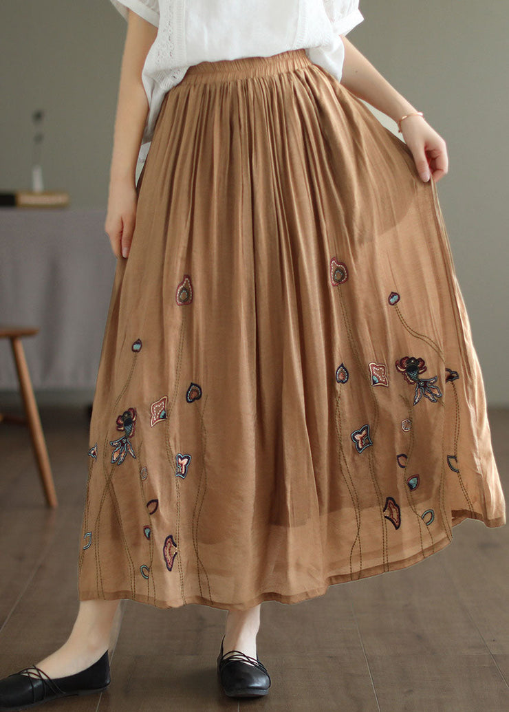 Italian Khaki Embroideried Exra Large Hem Linen Silk Skirts Spring