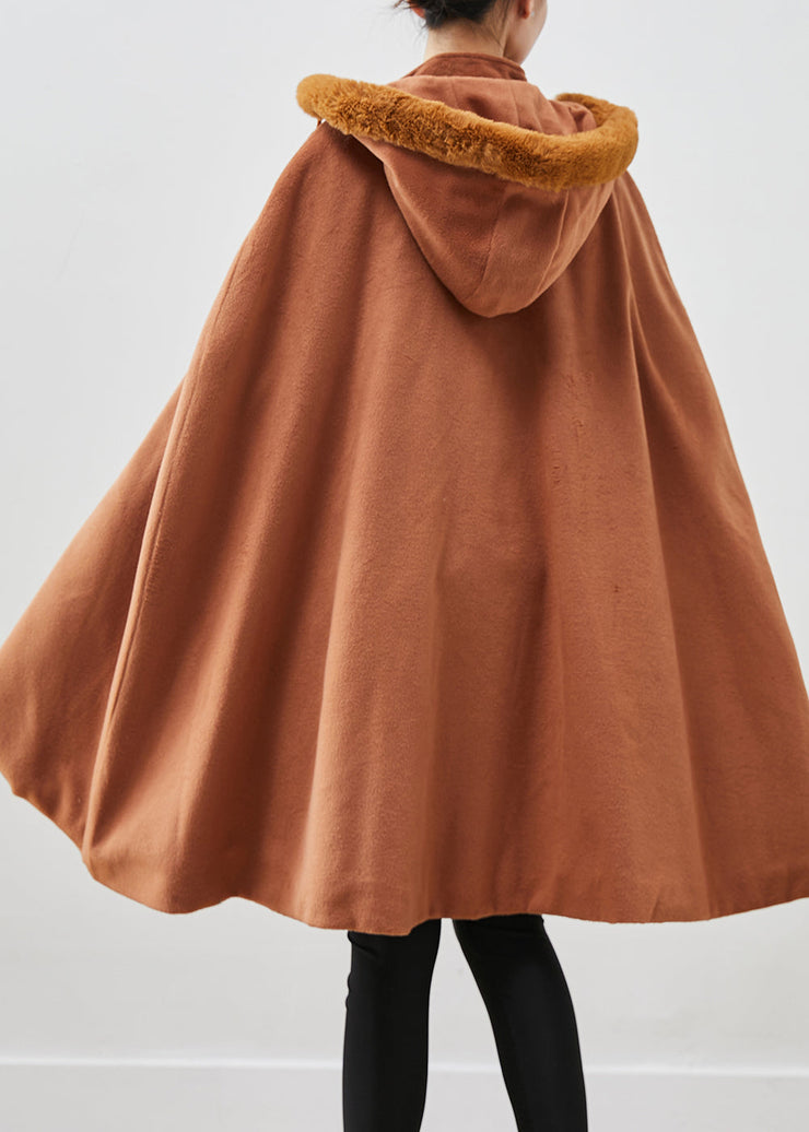 Italian Khaki Fur Collar Oversized Warm Fleece Coat Cloak Sleeves