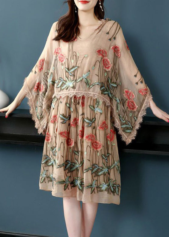 Italian Khaki Hooded Embroideried Patchwork Silk Dress Spring