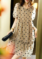 Italian Khaki O Neck Ruffled Dot Patchwork Chiffon Dresses Summer