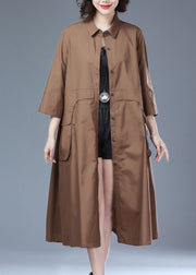 Italian Khaki Peter Pan Collar Button Patchwork Cotton Long Trench Coat Bracelet Sleeve