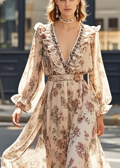 Italian Khaki Ruffled Print Chiffon Vacation Dress Spring