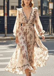 Italian Khaki Ruffled Print Chiffon Vacation Dress Spring