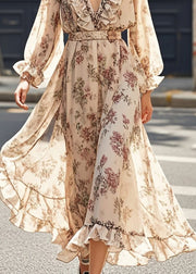 Italian Khaki Ruffled Print Chiffon Vacation Dress Spring