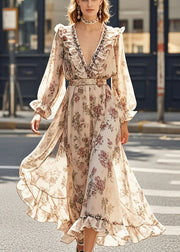 Italian Khaki Ruffled Print Chiffon Vacation Dress Fall