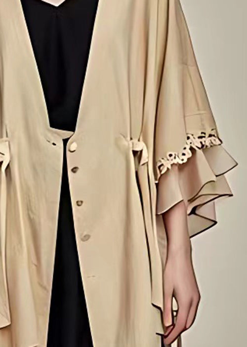 Italian Khaki V Neck Button Cotton Coat Half Sleeve
