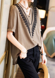 Italian Khaki V Neck Lace Button Patchwork Cotton Shirt Summer