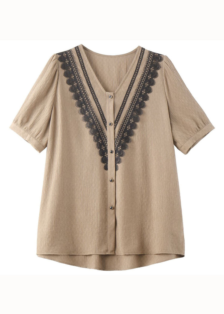 Italian Khaki V Neck Lace Button Patchwork Cotton Shirt Summer