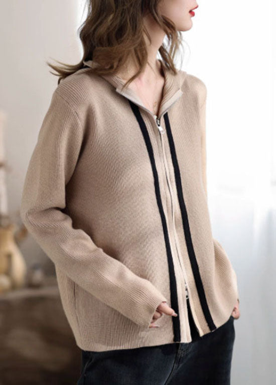 Italian Khaki Zip Up Patchwork Knit Hooded Cardigan Spring