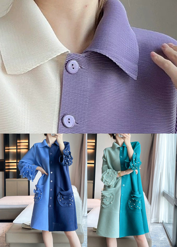 Italian Lavender Pockets Nail Bead Patchwork Cotton Dress Butterfly Sleeve