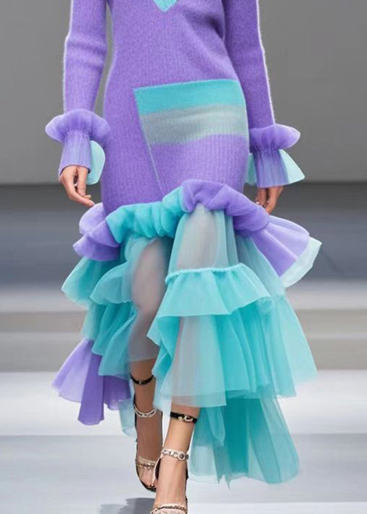 Italian Lavender Ruffled Patchwork Tulle Knitwear Dress Winter