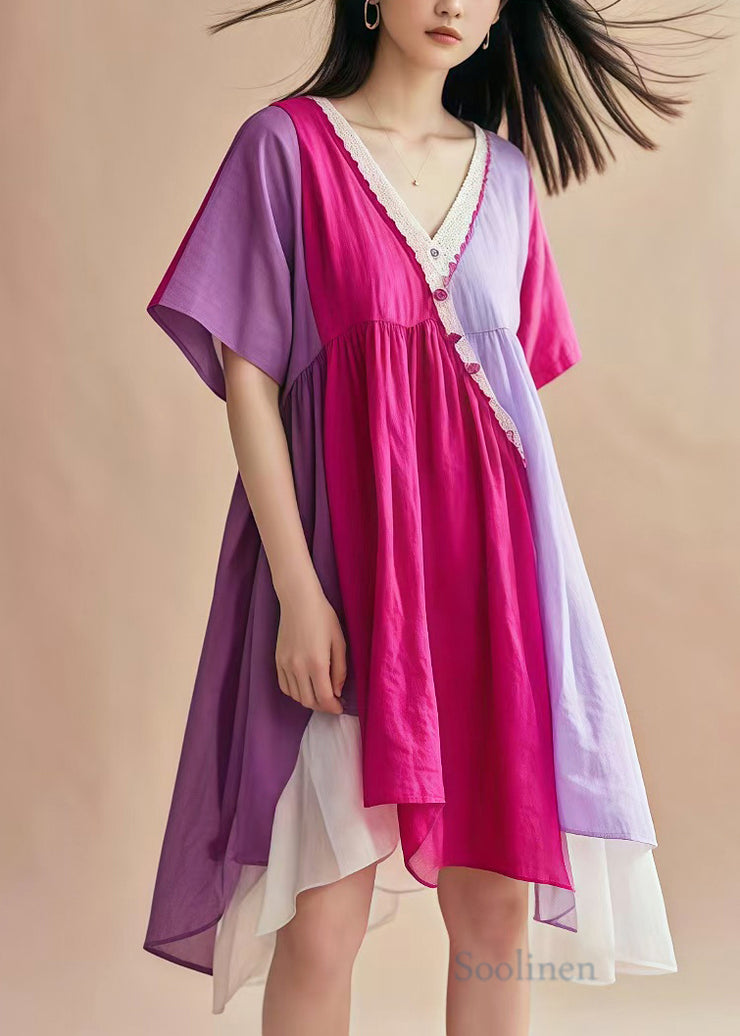 Italian Lavender V Neck Patchwork Cotton Mid Dress Summer