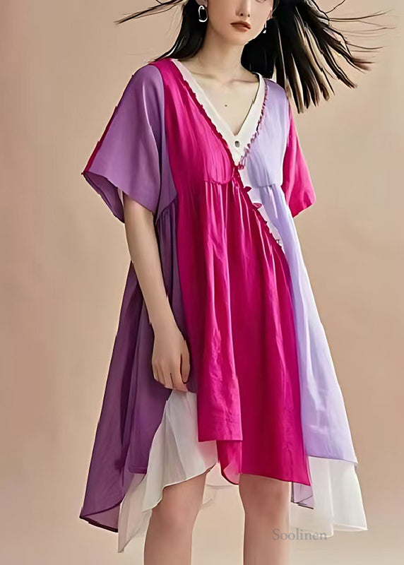 Italian Lavender V Neck Patchwork Cotton Mid Dress Summer
