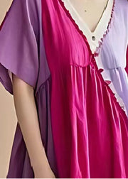 Italian Lavender V Neck Patchwork Cotton Mid Dress Summer