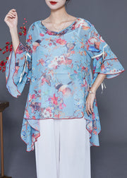 Italian Light Blue Asymmetrical Design Print Chiffon Tops Flare Sleeve