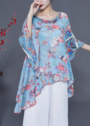 Italian Light Blue Asymmetrical Design Print Chiffon Tops Flare Sleeve