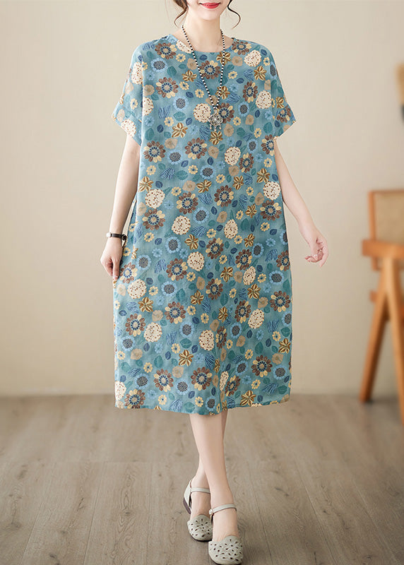 Italian Light Blue Print Cotton Party Long Dress Summer