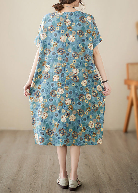 Italian Light Blue Print Cotton Party Long Dress Summer