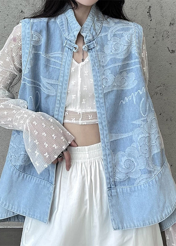 Italian Light Blue Stand Collar Print Patchwork Denim Waistcoat Fall