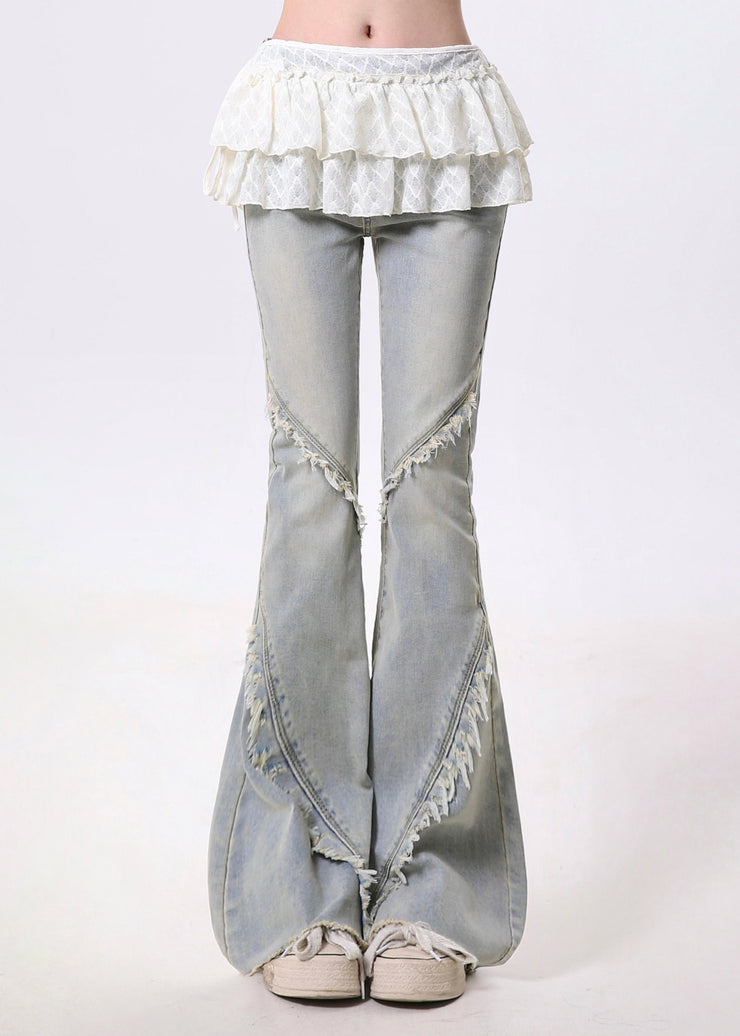 Italian Light Blue Tasseled Patchwork Ruffles Denim Bell-bottom Trousers Spring