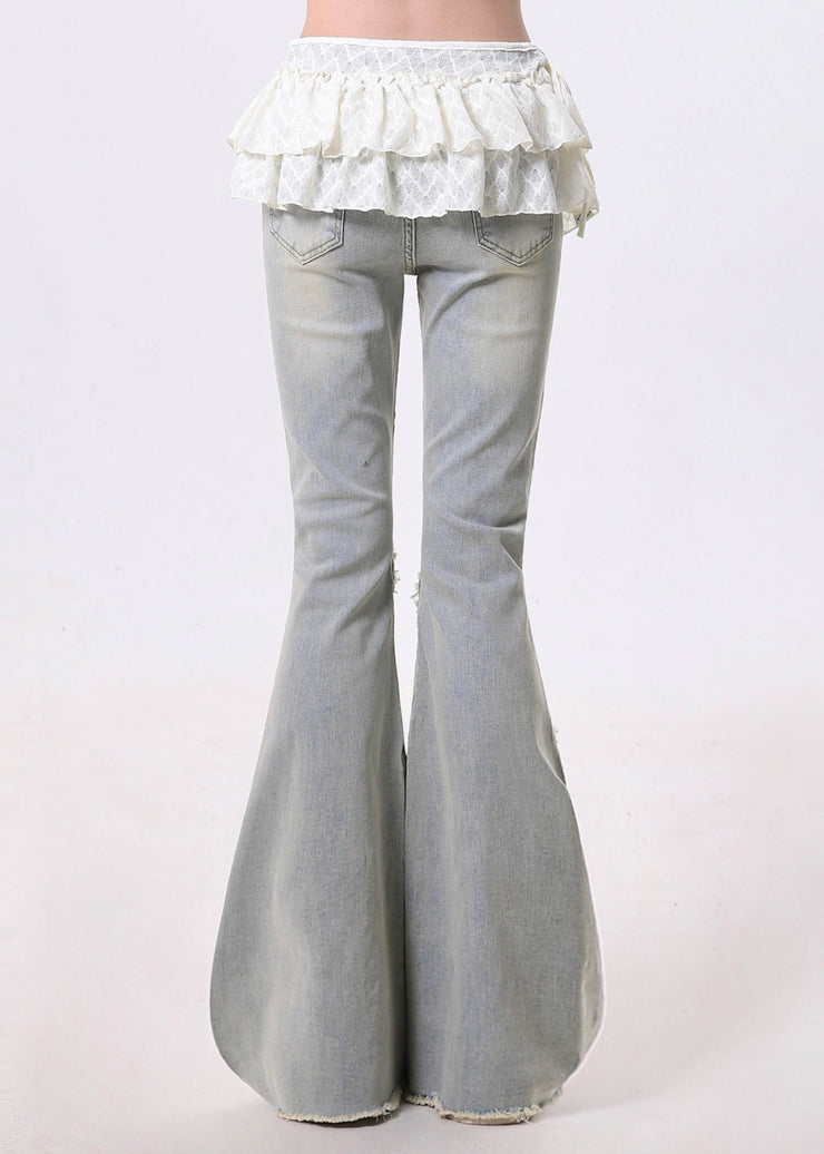 Italian Light Blue Tasseled Patchwork Ruffles Denim Bell-bottom Trousers Spring