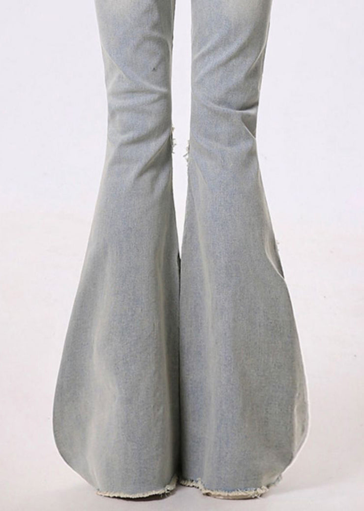 Italian Light Blue Tasseled Patchwork Ruffles Denim Bell-bottom Trousers Spring