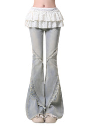 Italian Light Blue Tasseled Patchwork Ruffles Denim Bell-bottom Trousers Spring