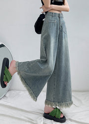 Italian Light Blue Tasseled Pockets Denim Wide Leg Pants Spring