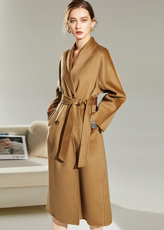 Italian Light Camel Turn-down Collar Double Breast Woolen Cinch Coat Winter