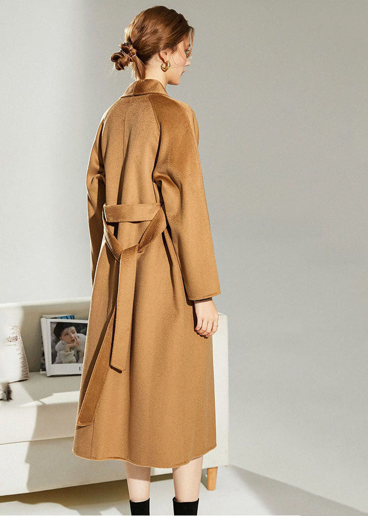 Italian Light Camel Turn-down Collar Double Breast Woolen Cinch Coat Winter